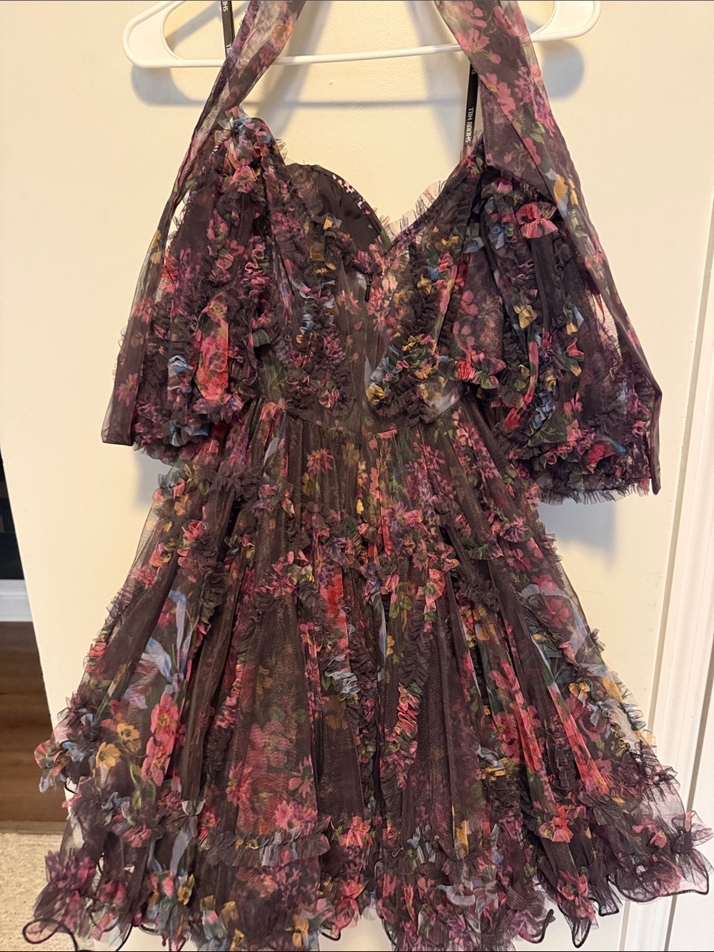 Sherri Hill Black Floral Ruffle Chiffon Dress - Picture 4 of 6